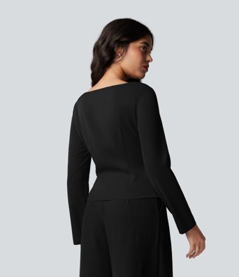Wrinkle-resistant Boat Neck Long Sleeve Ruched Tie Work Blouse