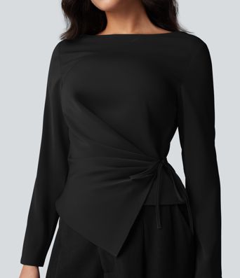 Wrinkle-resistant Boat Neck Long Sleeve Ruched Tie Work Blouse
