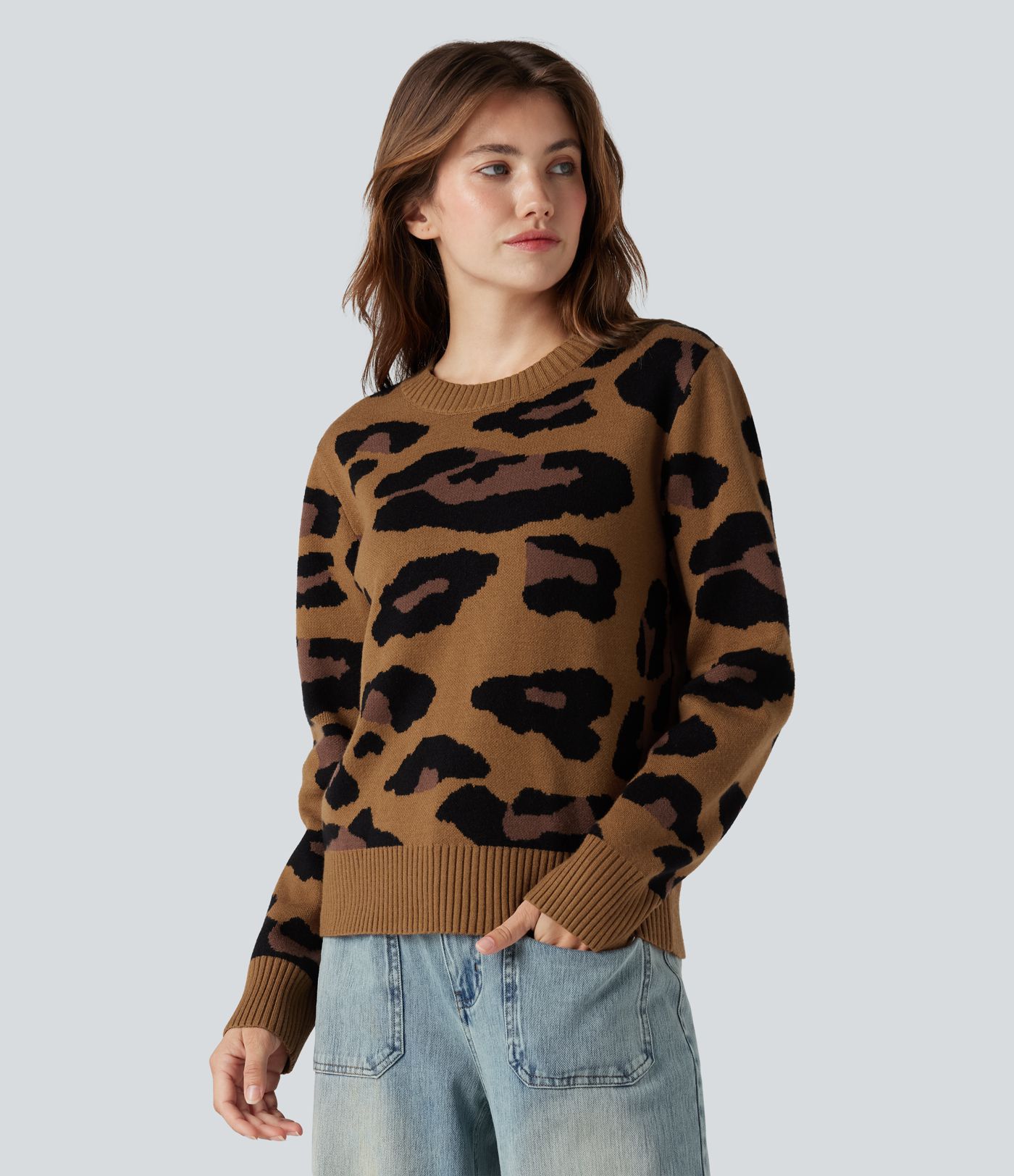 Round Neck Long Sleeve Leopard Casual Sweater