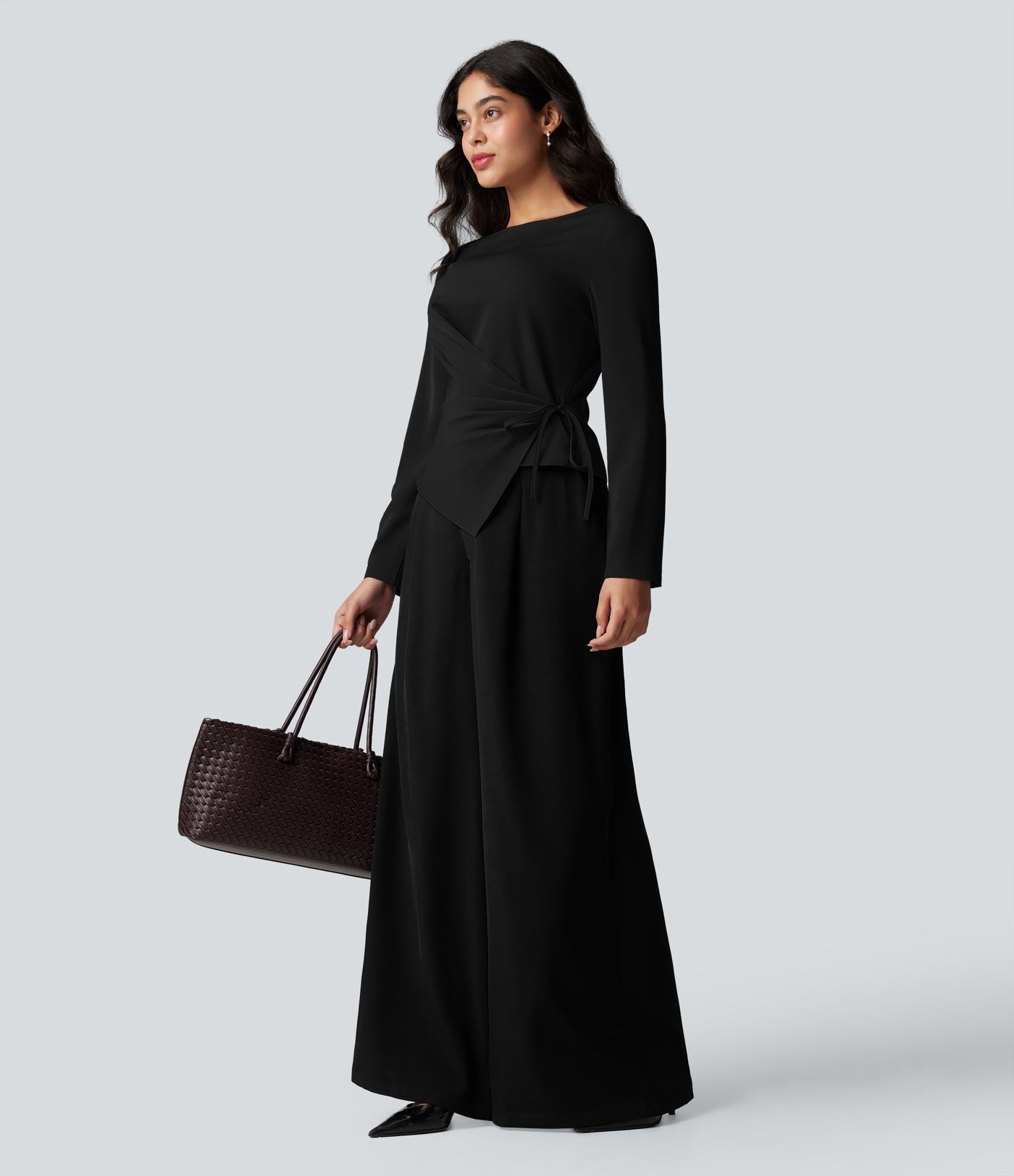 Wrinkle-resistant Boat Neck Long Sleeve Ruched Tie Work Blouse