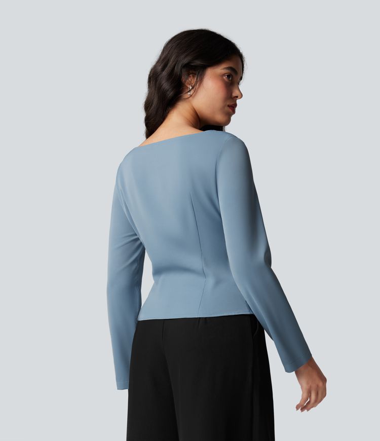 Wrinkle-resistant Boat Neck Long Sleeve Ruched Tie Work Blouse