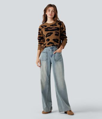 Round Neck Long Sleeve Leopard Casual Sweater