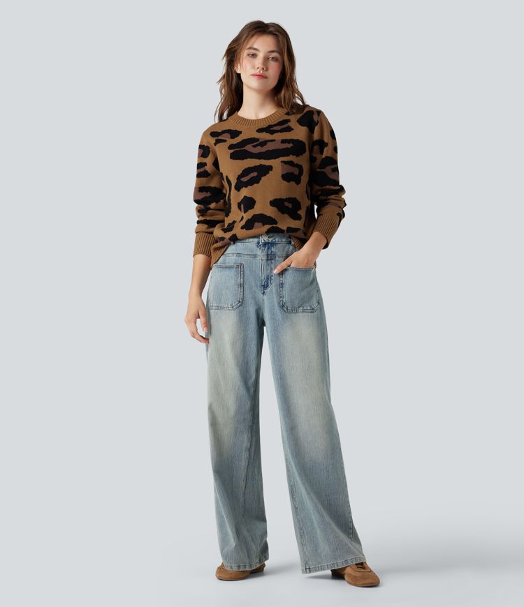 Round Neck Long Sleeve Leopard Casual Sweater