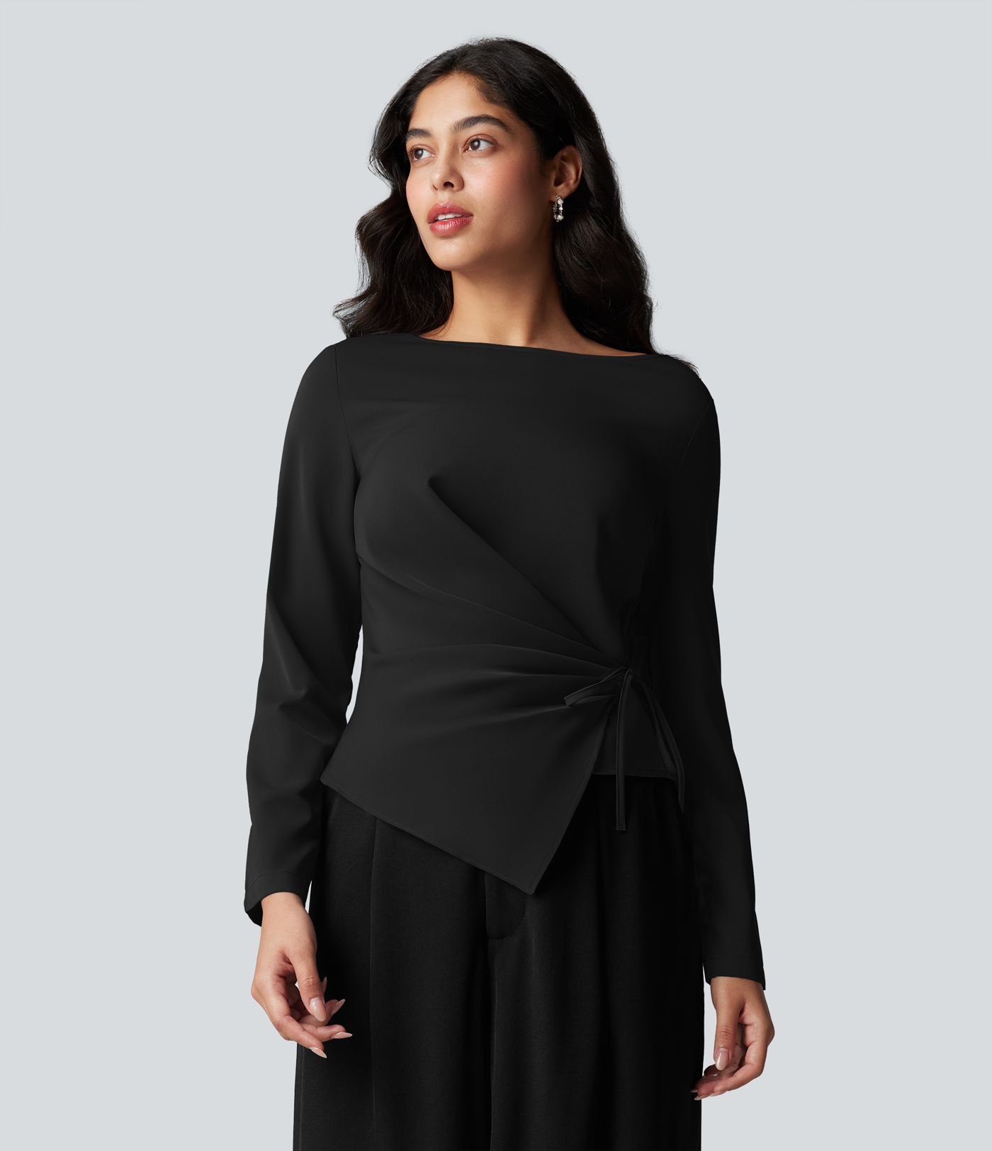 Wrinkle-resistant Boat Neck Long Sleeve Ruched Tie Work Blouse