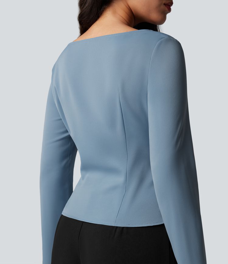 Wrinkle-resistant Boat Neck Long Sleeve Ruched Tie Work Blouse