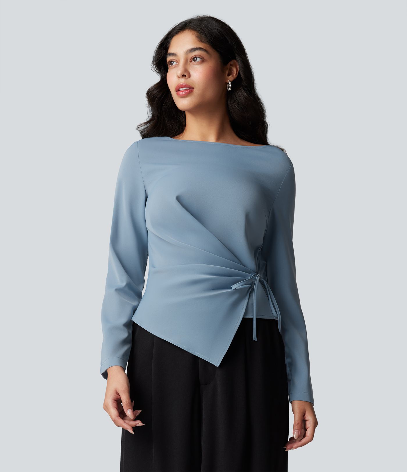 Business blouse without knitted fabric, with boat neckline, long sleeves and gathering with tie belt