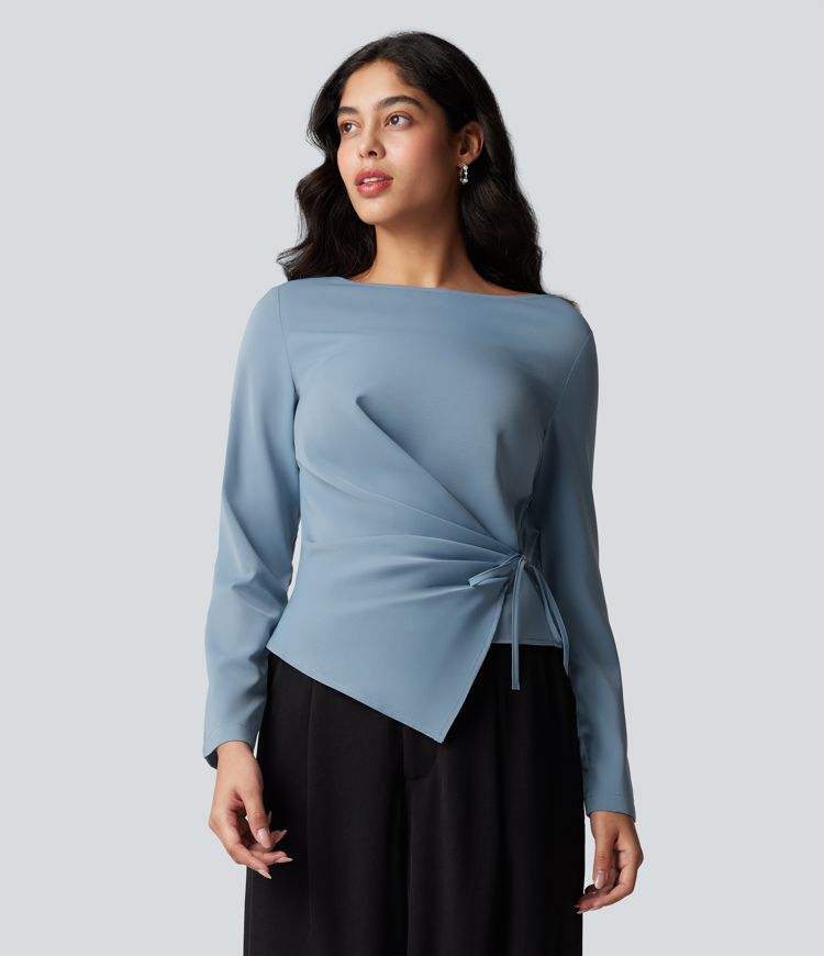 Anti-wrinkle Boat Neck Long Sleeve Ruched Tie Work Blouse
