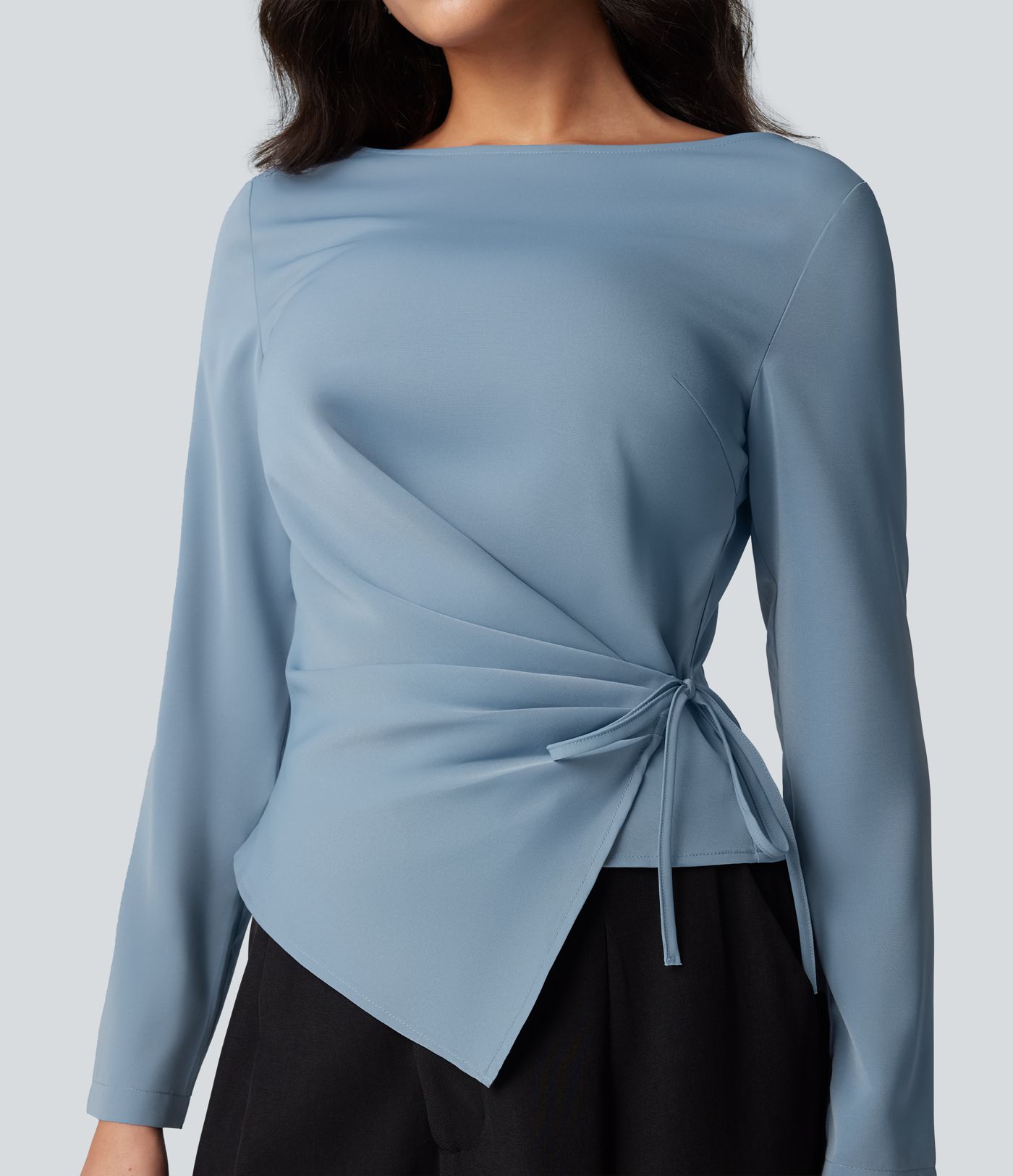 Business blouse without knitted fabric, with boat neckline, long sleeves and gathering with tie belt