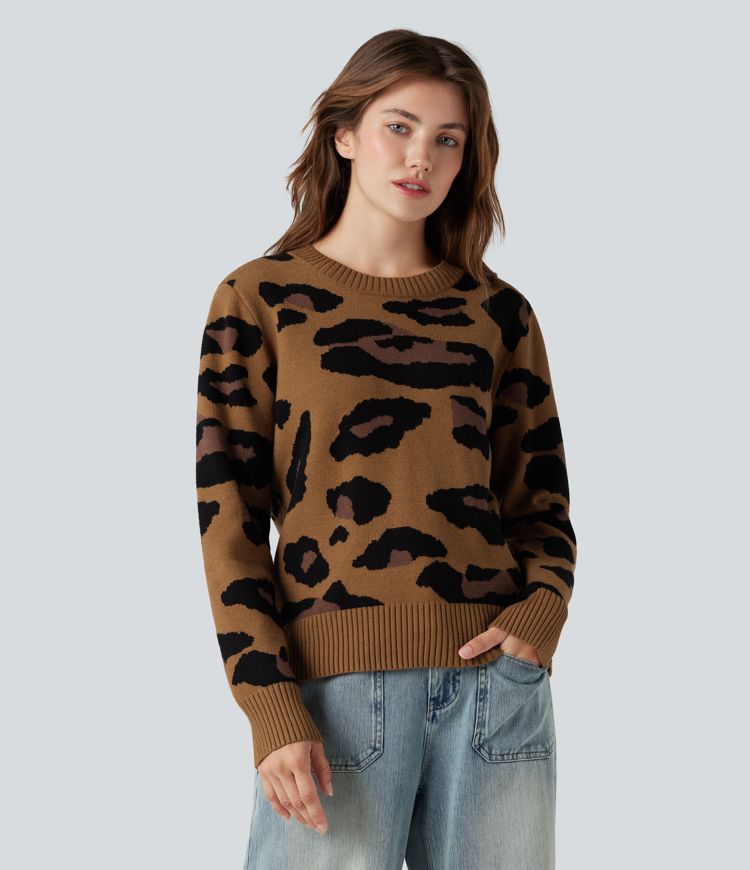 Round Neck Long Sleeve Leopard Casual Sweater