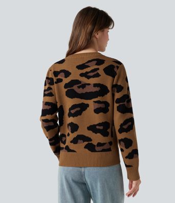 Round Neck Long Sleeve Leopard Casual Sweater