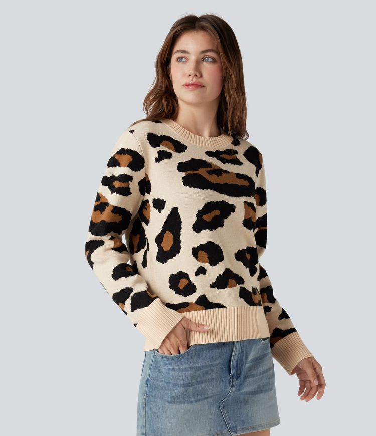 Pull décontracté imprimé léopard à col rond et manches longues