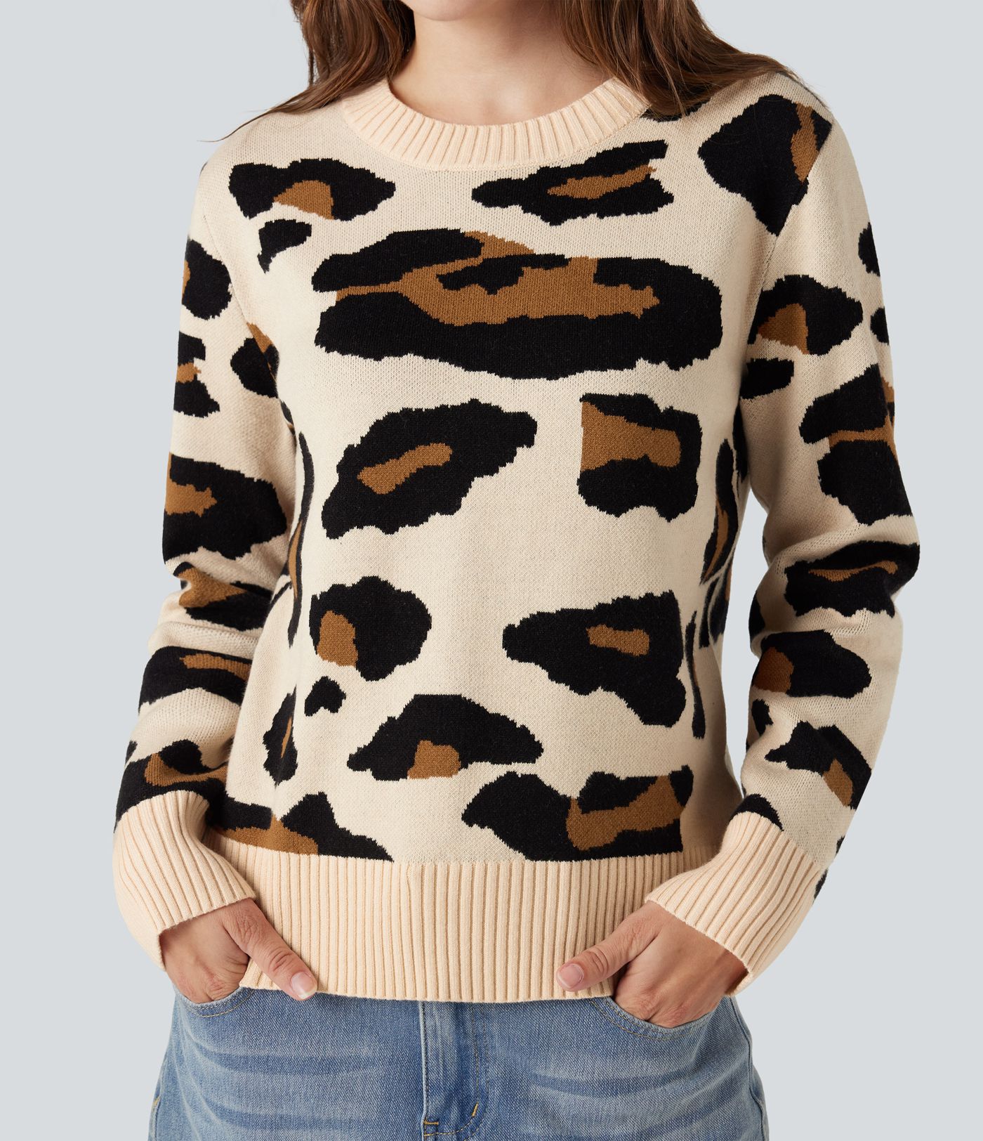 Pull décontracté imprimé léopard à col rond et manches longues