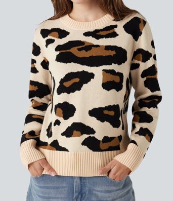 Pull décontracté imprimé léopard à col rond et manches longues