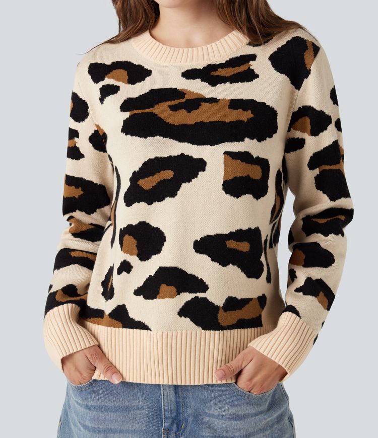 Pull décontracté imprimé léopard à col rond et manches longues