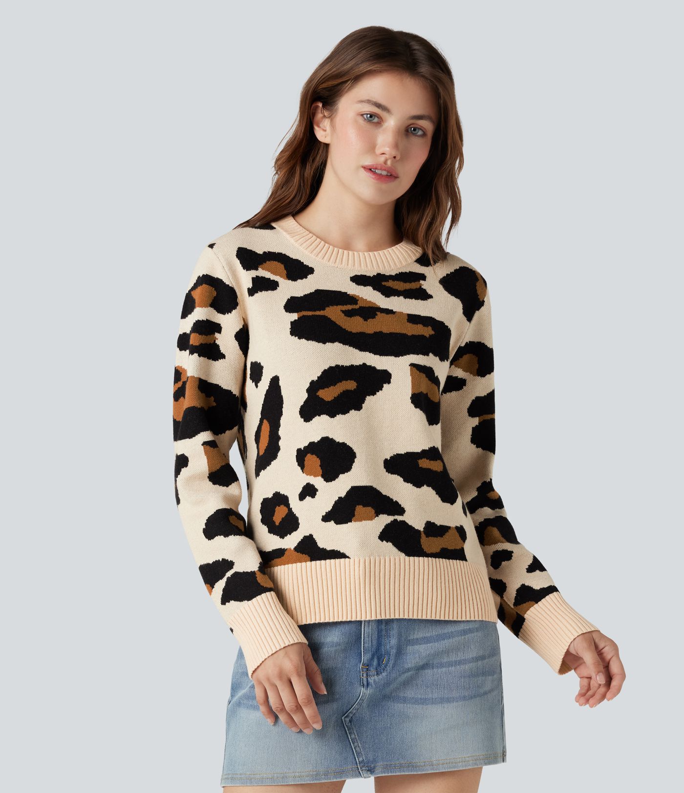 Pull décontracté imprimé léopard à col rond et manches longues