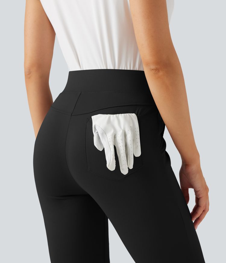 High Waisted Pockets Quick Dry Golf Flare Pants-Golf Tee Pocket-UPF40+