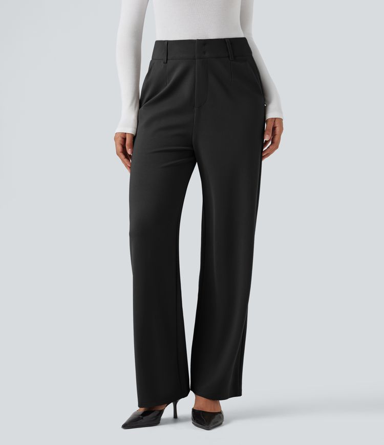 High Waisted Straight Leg Work Pants with Pockets