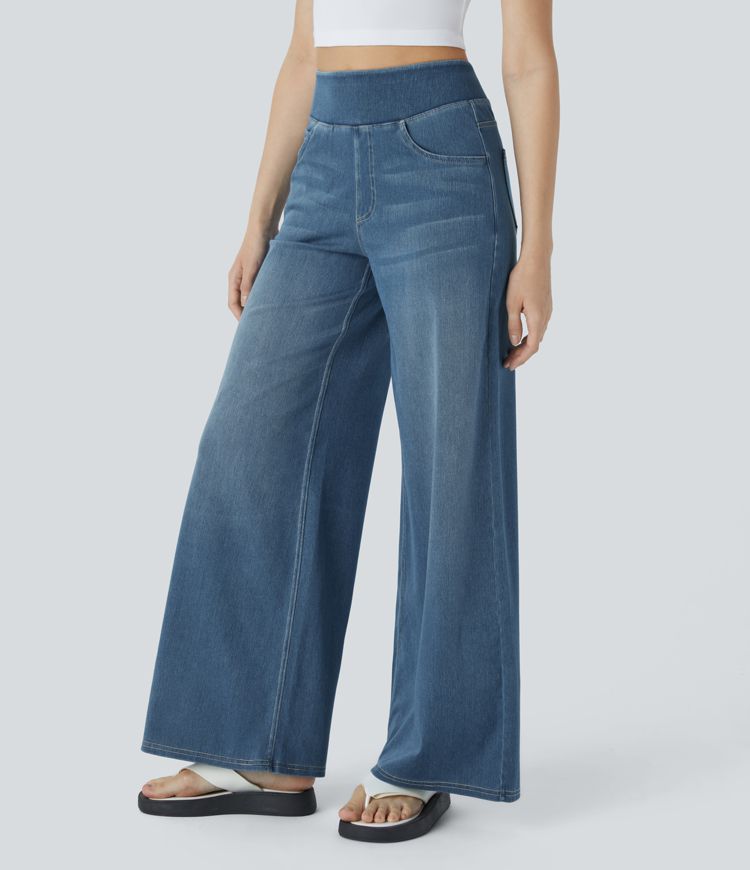 HalaraMagic™ High Waisted Multiple Pockets Wide Leg Washed Stretchy Knit Casual Jeans