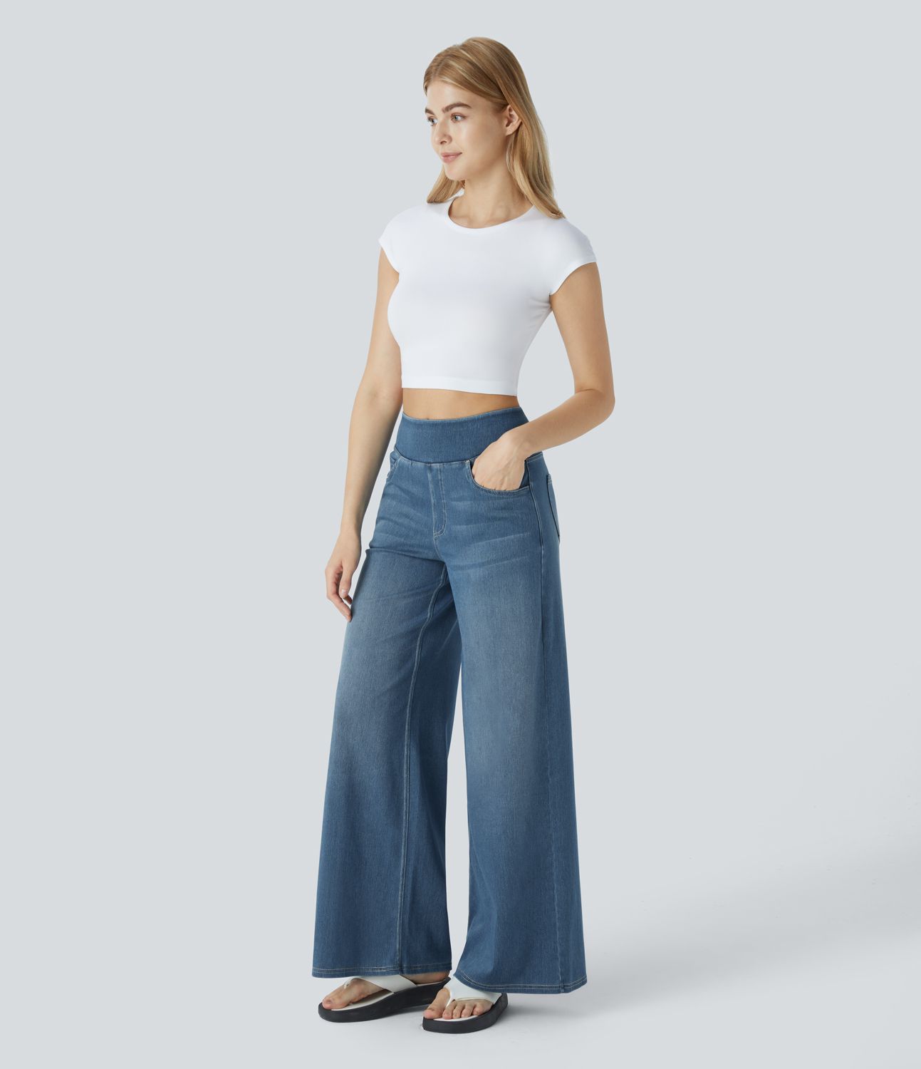 Halara Flex™ Jean Large Casual Taille Haute Poches Multiples Tricot Extensible Délavé