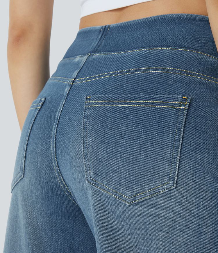 Halara Flex™ Jean Large Casual Taille Haute Poches Multiples Tricot Extensible Délavé