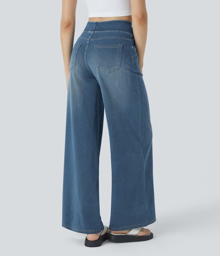 HalaraMagic™ High Waisted Multiple Pockets Wide Leg Washed Stretchy Knit Casual Jeans