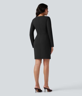 Figurbetontes Minikleid mit quadratischem Ausschnitt und langen Ärmeln für die Arbeit