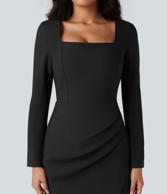 Figurbetontes Minikleid mit quadratischem Ausschnitt und langen Ärmeln für die Arbeit