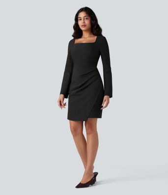 Figurbetontes Minikleid mit quadratischem Ausschnitt und langen Ärmeln für die Arbeit