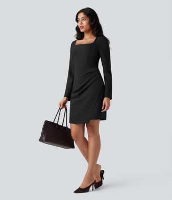 Figurbetontes Minikleid mit quadratischem Ausschnitt und langen Ärmeln für die Arbeit