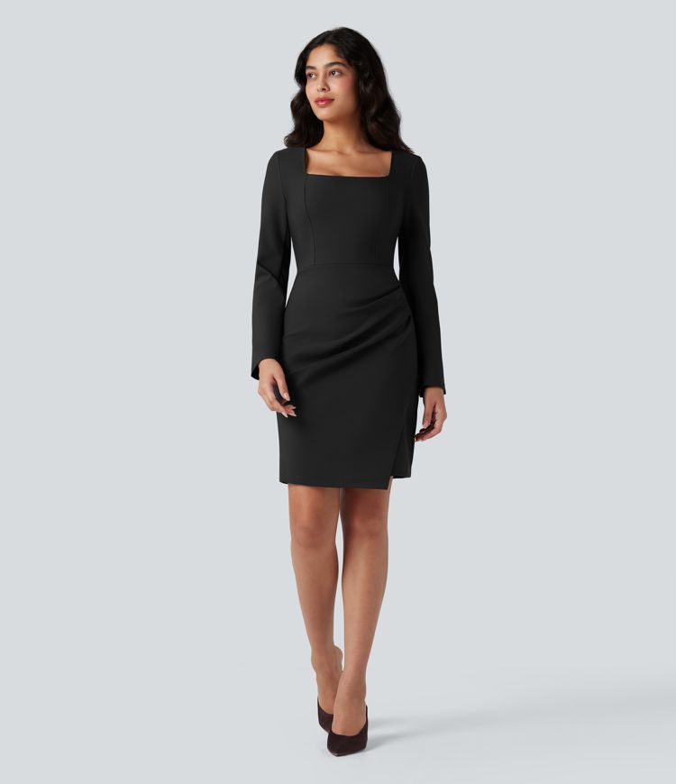 Square Neck Long Sleeve Mini Bodycon Work Dress