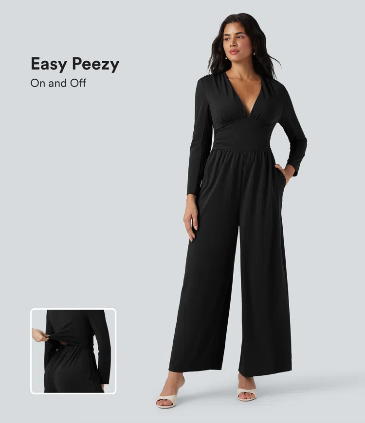 V Neck Long Sleeve Ruched Jumpsuit with Pockets-Easy Peezy Edition