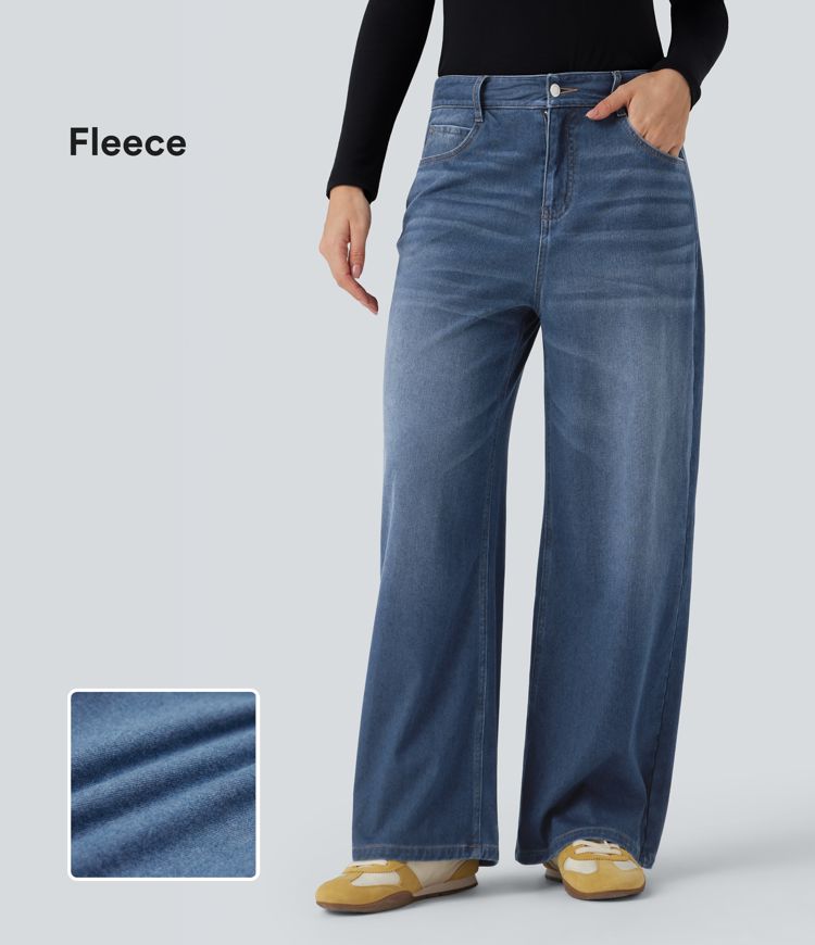 Halara Flex™ Mid Rise Wide Leg Fleece Casual Jeans with Pockets
