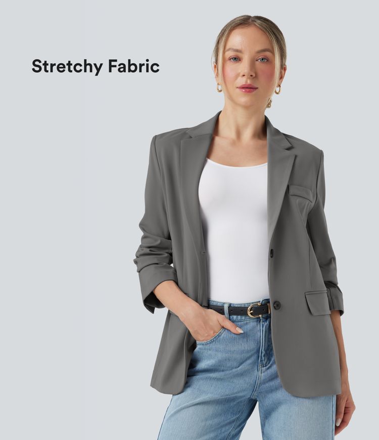 Notched Collar Long Sleeve Work Blazer with Pockets