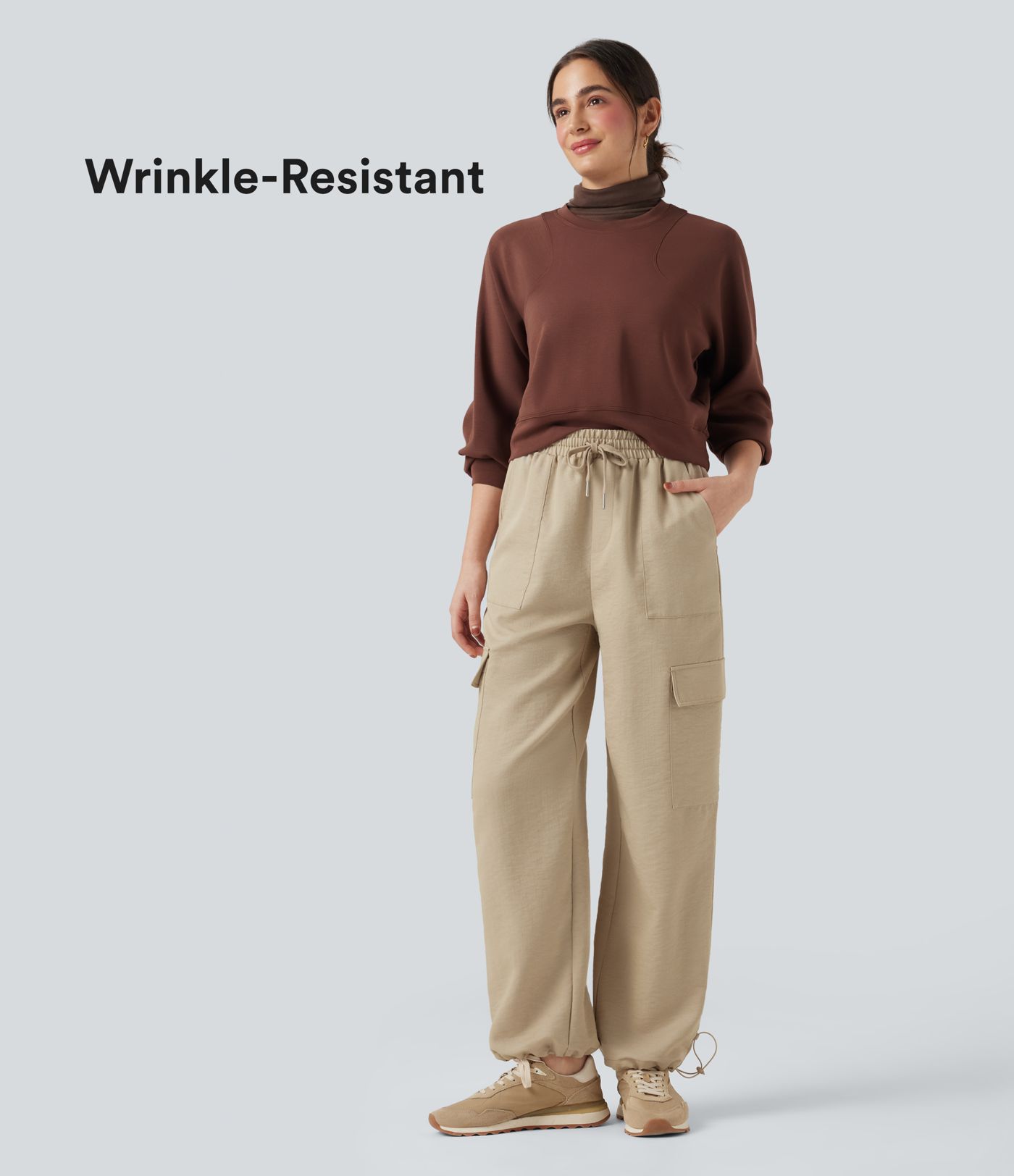 Wrinkle-Resistant Mid Rise Drawstring Wide Leg Casual Linen-Feel Trousers with Pockets