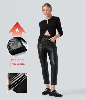 High Waisted Drawstring Stretchy PU Fleece 7/8 Casual Tapered Pants with Pockets