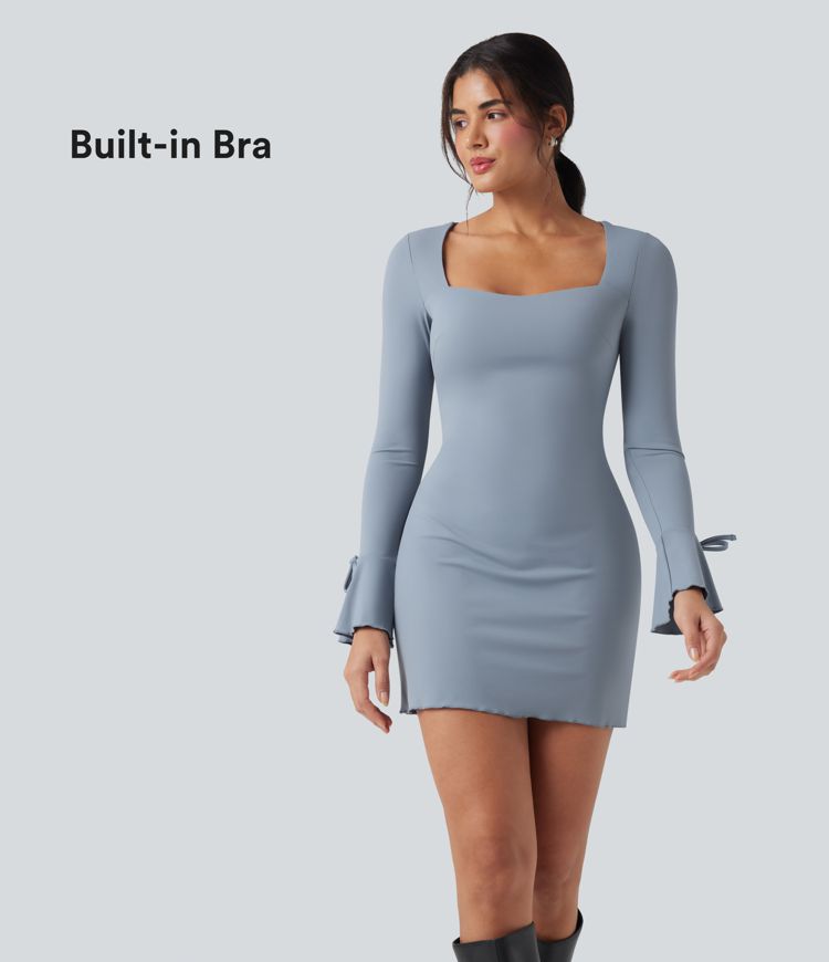 Square Neck Lace Up Flounce Long Sleeve Mini Casual Dress