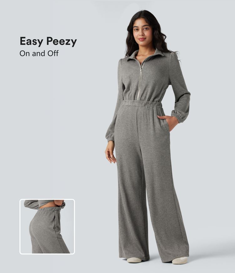 Half Zip Long Sleeve Wide Leg Casual Jumpsuit with Pockets-Easy Peezy Edition