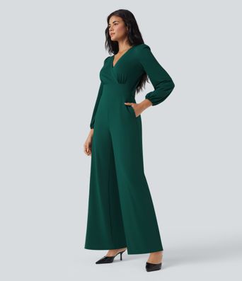 V Neck Long Sleeve Wide Leg Work Jumpsuit with Pockets-Easy Peezy Edition