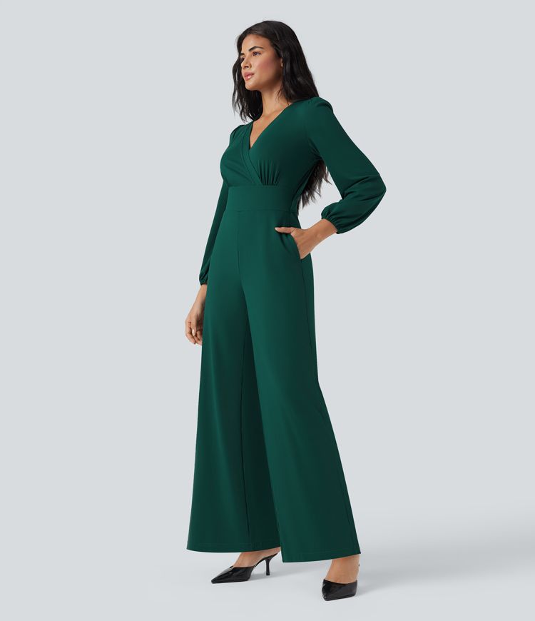 V Neck Long Sleeve Wide Leg Work Jumpsuit with Pockets-Easy Peezy Edition