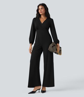 Arbeits-Jumpsuit mit V-Ausschnitt, langen Ärmeln und weitem Bein, mit Taschen – Easy Peezy Edition