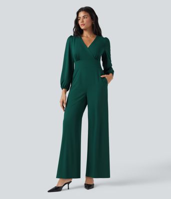 Arbeits-Jumpsuit mit V-Ausschnitt, langen Ärmeln und weitem Bein, mit Taschen – Easy Peezy Edition Arbeits-Jumpsuit mit V-Ausschnitt, langen Ärmeln und weitem Bein, mit Taschen – Easy Peezy Edition