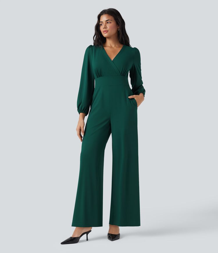 Arbeits-Jumpsuit mit V-Ausschnitt, langen Ärmeln und weitem Bein, mit Taschen – Easy Peezy Edition Arbeits-Jumpsuit mit V-Ausschnitt, langen Ärmeln und weitem Bein, mit Taschen – Easy Peezy Edition