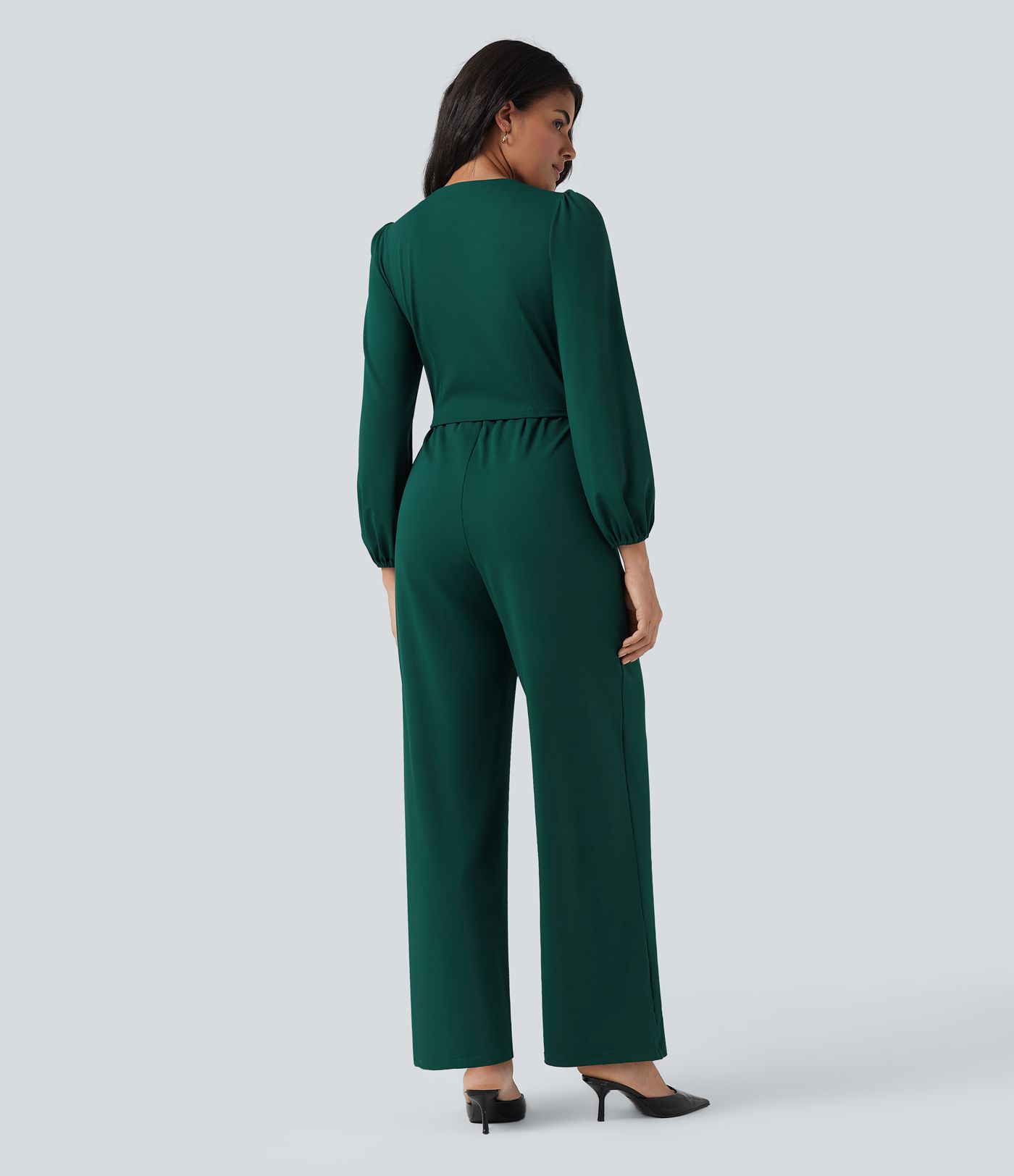 V Neck Long Sleeve Wide Leg Work Jumpsuit with Pockets-Easy Peezy Edition