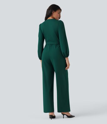 V Neck Long Sleeve Wide Leg Work Jumpsuit with Pockets-Easy Peezy Edition