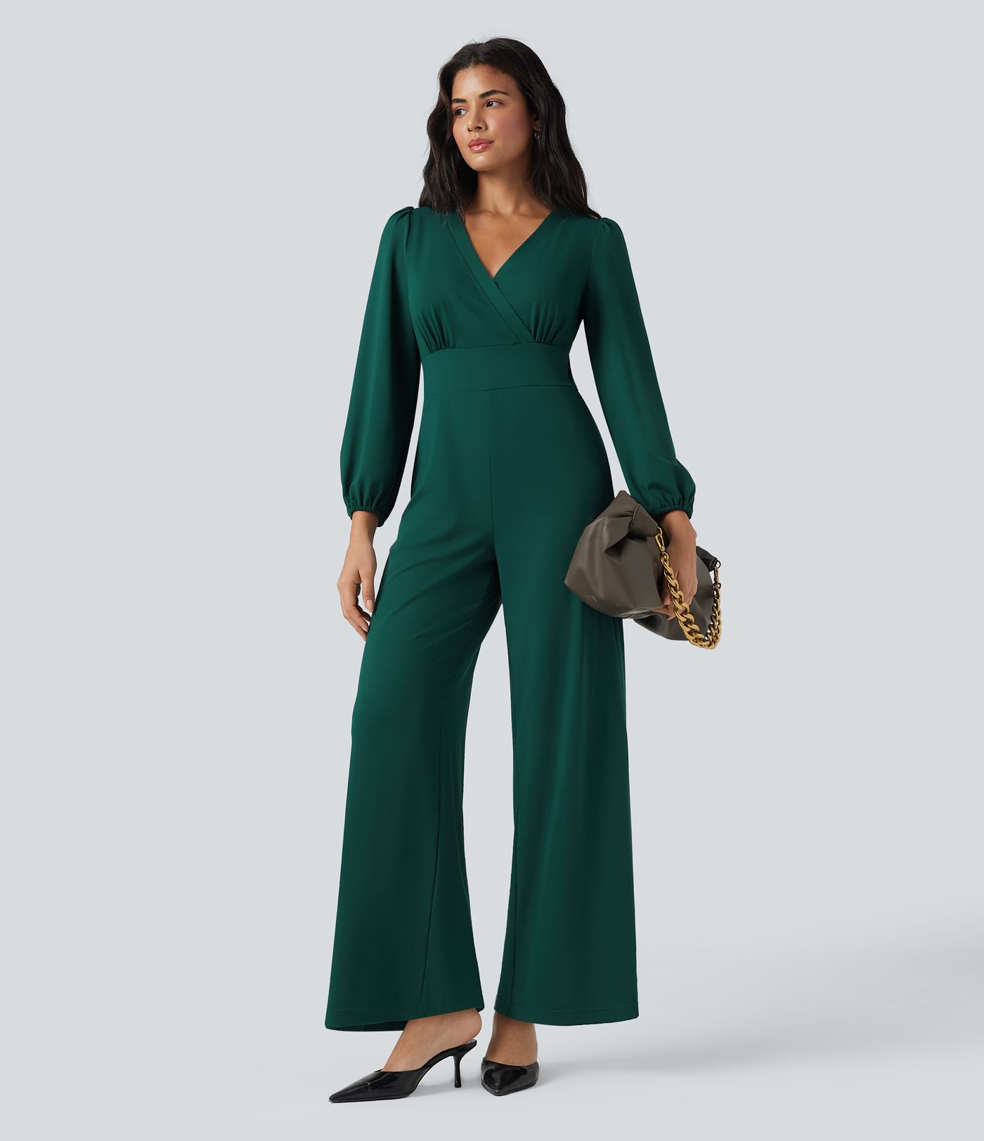 V Neck Long Sleeve Wide Leg Work Jumpsuit with Pockets-Easy Peezy Edition