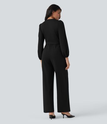 Arbeits-Jumpsuit mit V-Ausschnitt, langen Ärmeln und weitem Bein, mit Taschen – Easy Peezy Edition