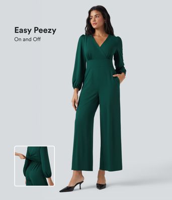 V Neck Long Sleeve Wide Leg Work Jumpsuit with Pockets-Easy Peezy Edition