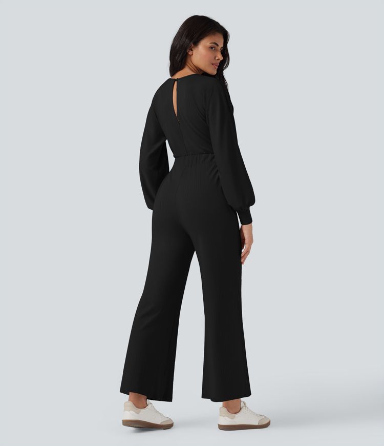 V Neck Keyhole Back Long Sleeve Wide Leg Casual Jumpsuit