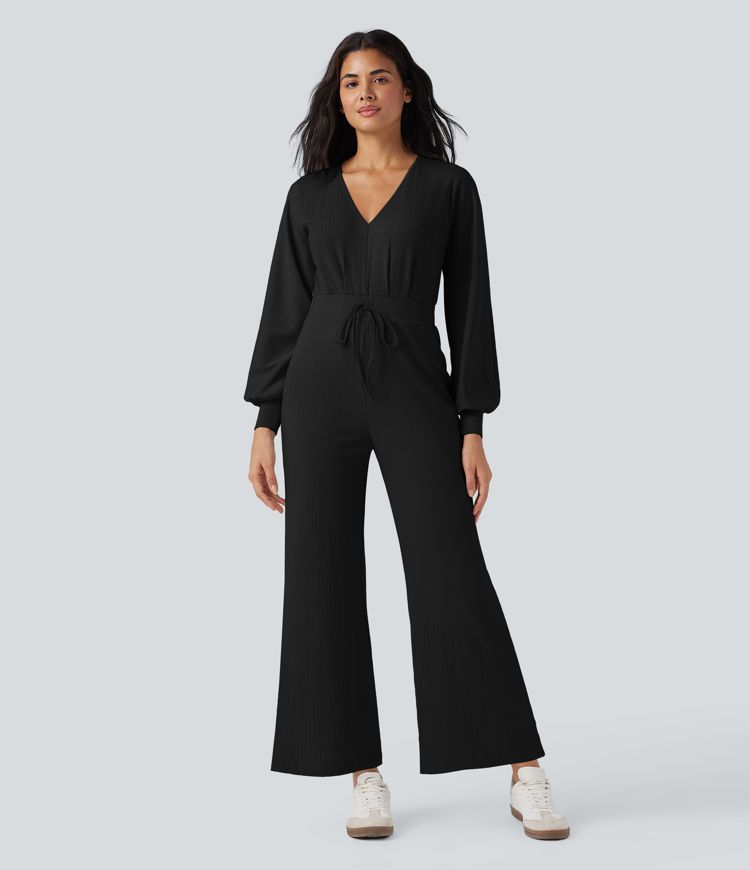 V Neck Keyhole Back Long Sleeve Wide Leg Casual Jumpsuit