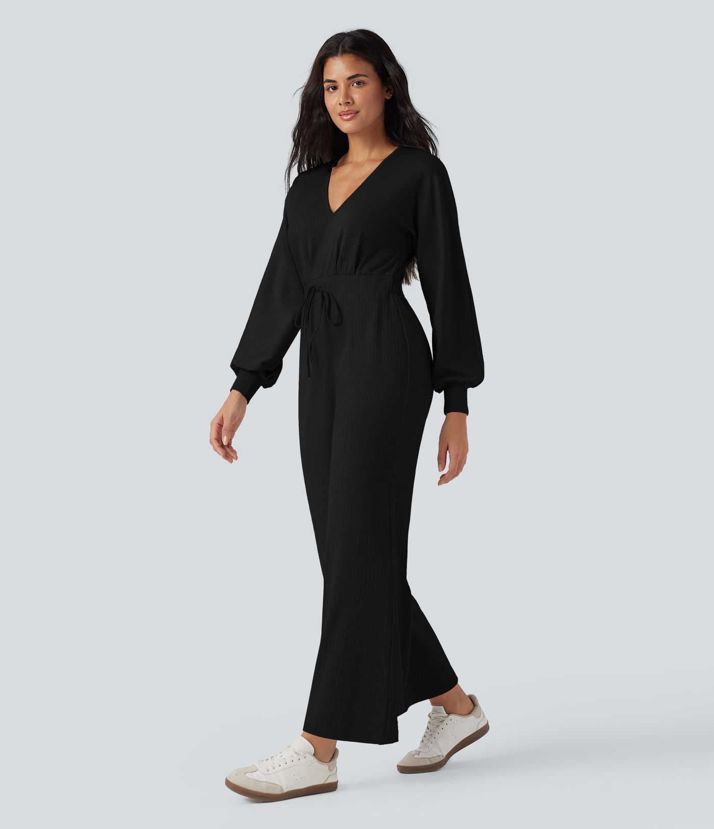 V Neck Keyhole Back Long Sleeve Wide Leg Casual Jumpsuit